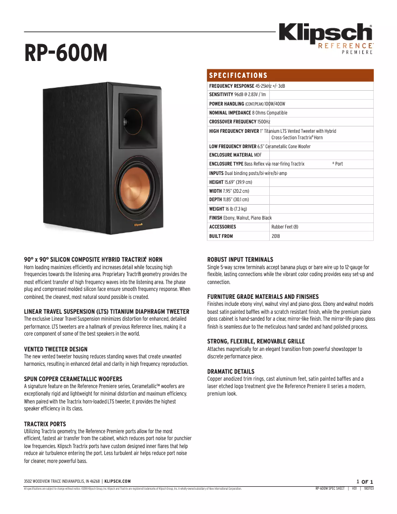 Page 1 de la notice Fiche technique Klipsch Reference Premiere RP-600M