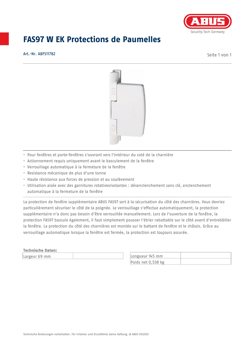 Página 1 del manual Ficha técnica Abus ABFS11782