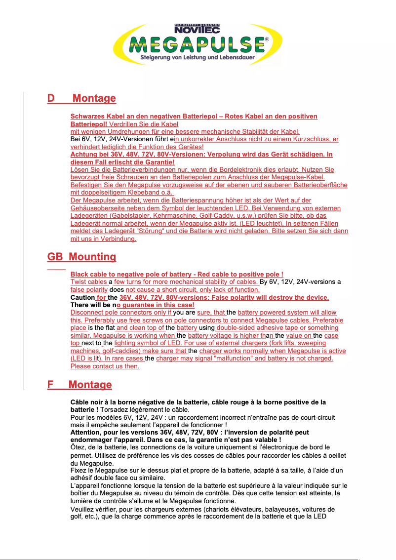 Page n°1 - Manuel utilisateur Novitec Megapulse