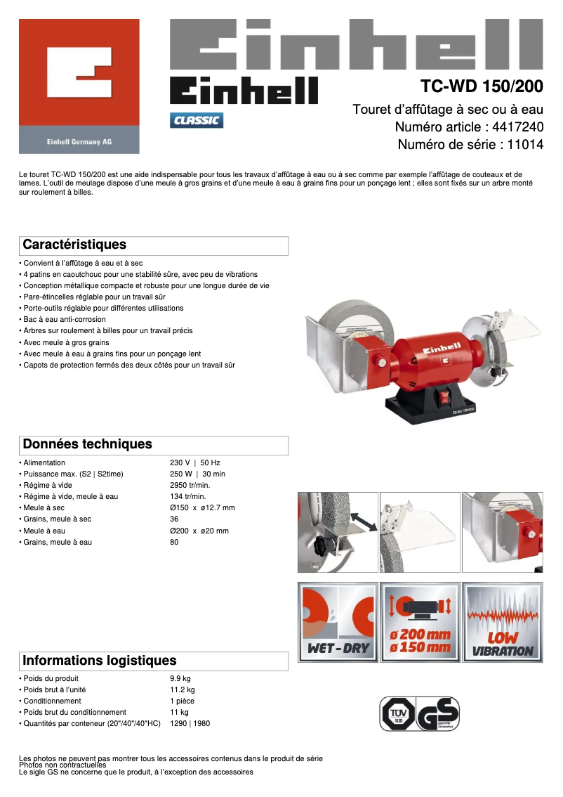 Page 1 de la notice Fiche technique Einhell TC-WD 150/200