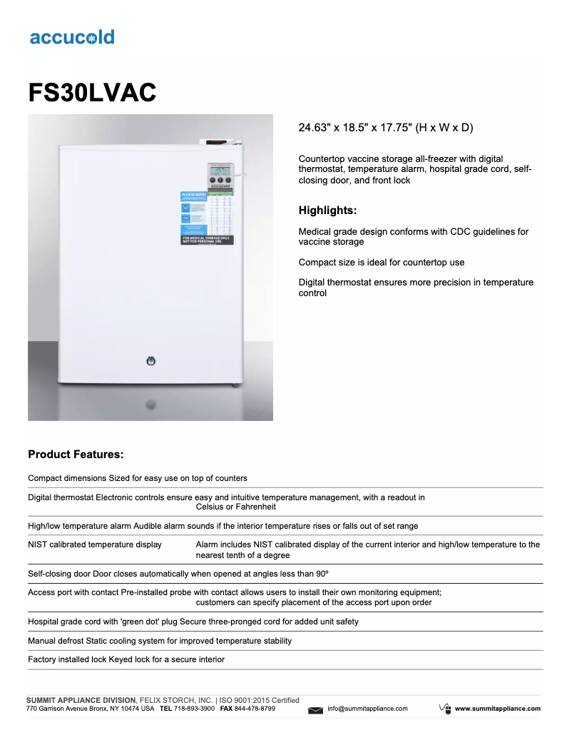 Image de la première page du manuel de l'appareil Accucold FS30LVAC