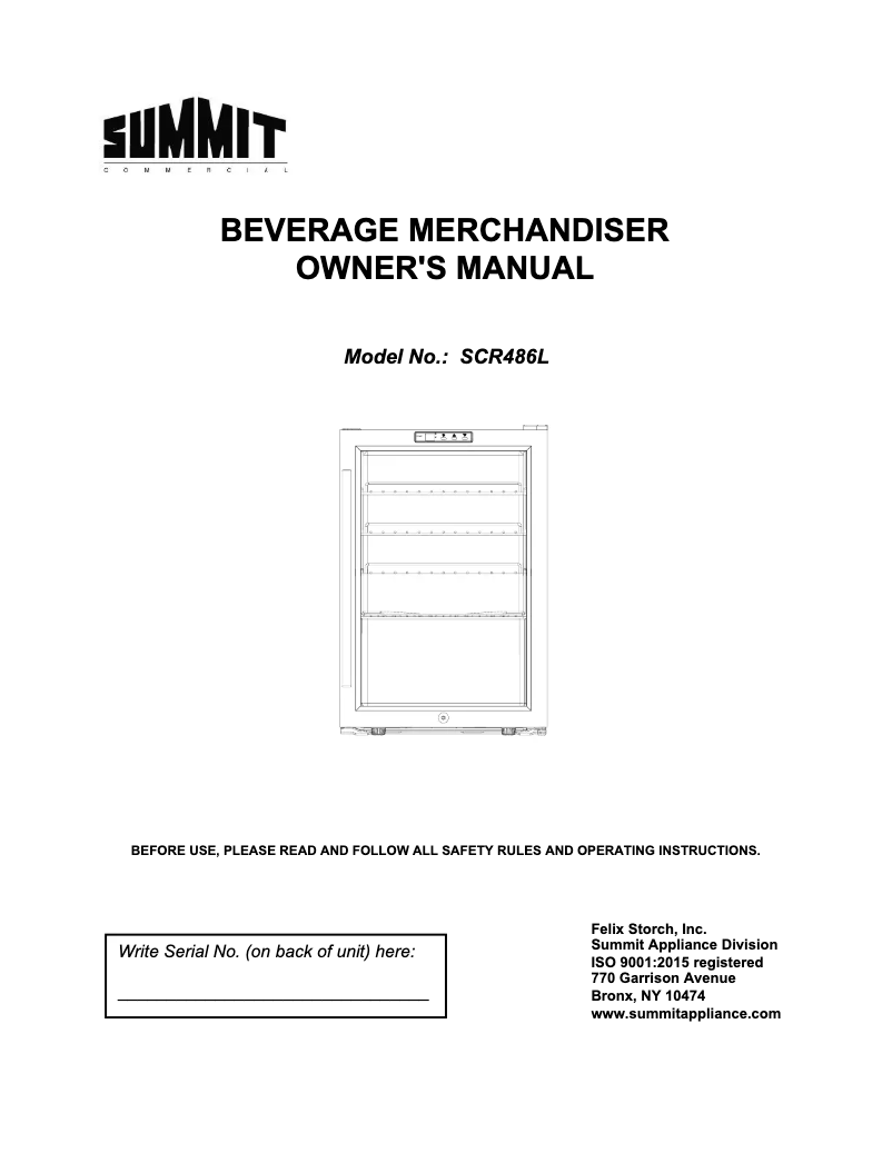 Image de la première page du manuel de l'appareil Commercial SCR486L
