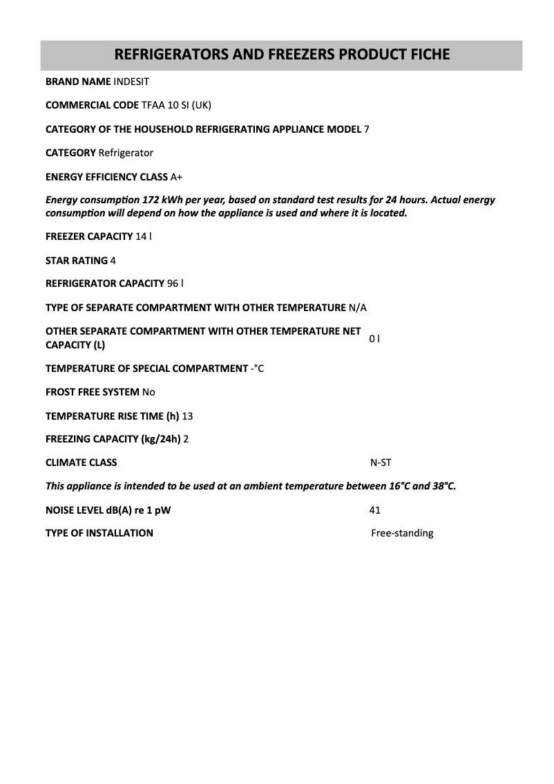 Page 1 de la notice Manuel utilisateur Indesit TFAA 10 SI (UK)