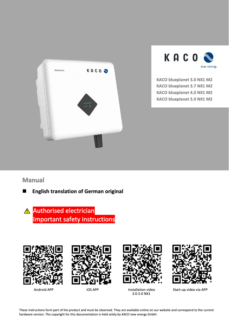 Page n°1 - Manuel utilisateur Kaco blueplanet 3.7 NX1 M2