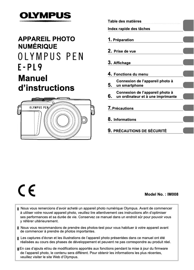 Page 1 de la notice Manuel utilisateur Olympus PEN E-PL9