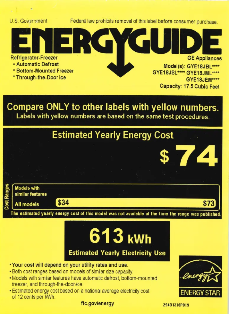 Page 1 de la notice Label énergétique GE GYE18JEMDS