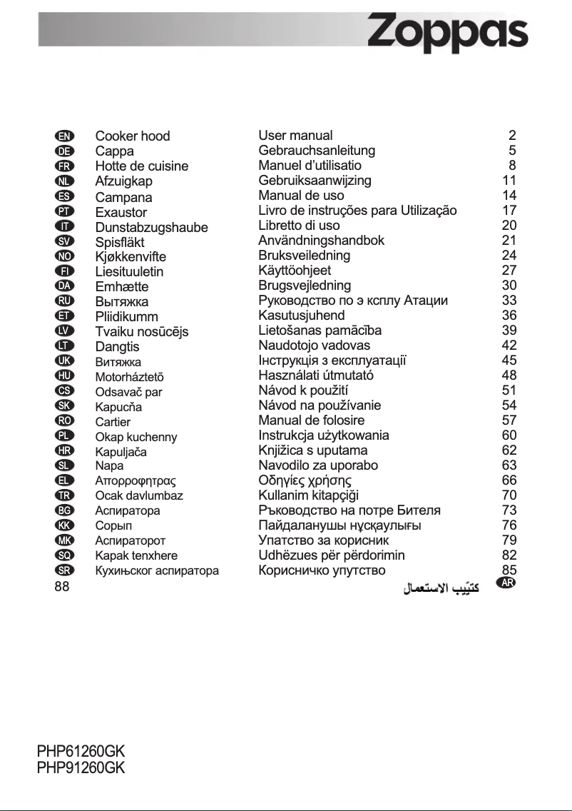 Page 1 de la notice Manuel utilisateur Zoppas PHP61260GK