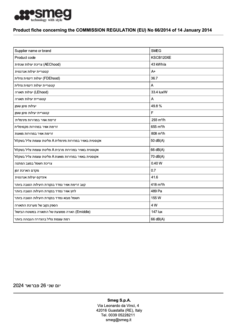 Page 1 de la notice Fiche technique Smeg KSCB120XE