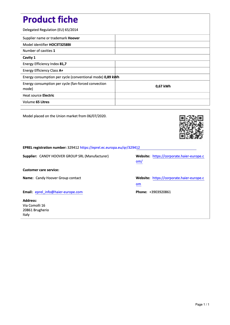 Page n°1 - Fiche technique Hoover H-OVEN 300 HOC3T3258BI