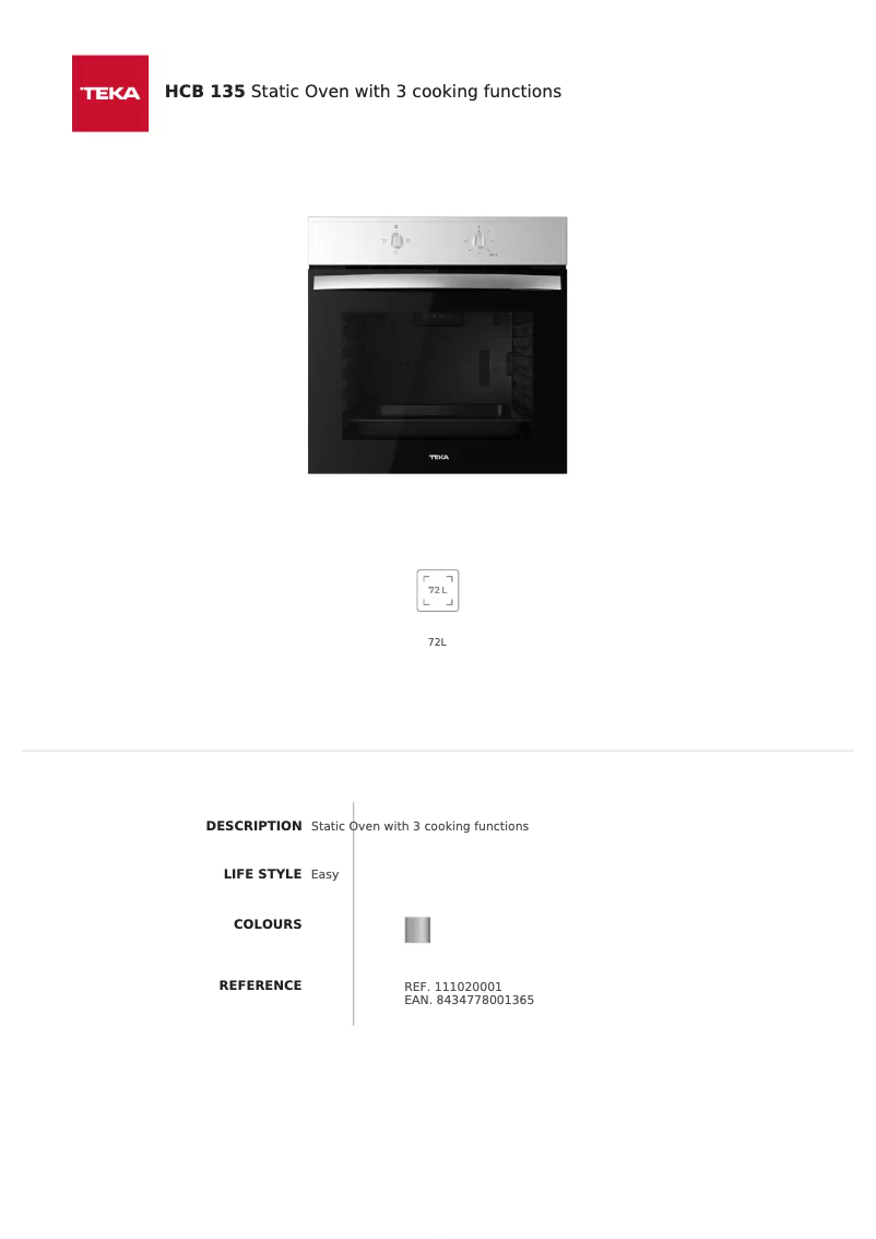 Page 1 de la notice Fiche technique Teka HCB 135