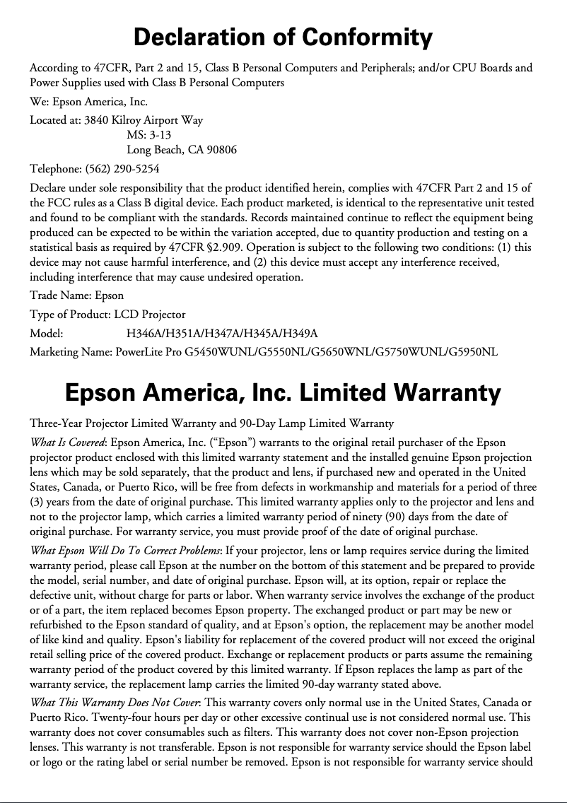 Page 1 de la notice Informations de garantie Epson PowerLite Pro G5950NL