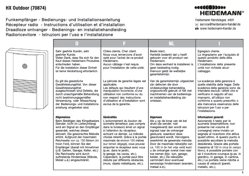 Page 1 de la notice Manuel utilisateur Heidemann HX Outdoor 70874