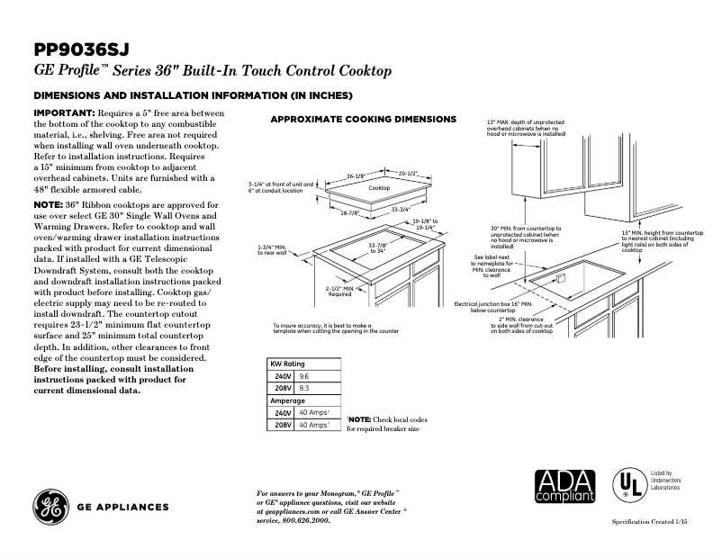 Page 1 de la notice Fiche technique GE Profile PP7036SJSS