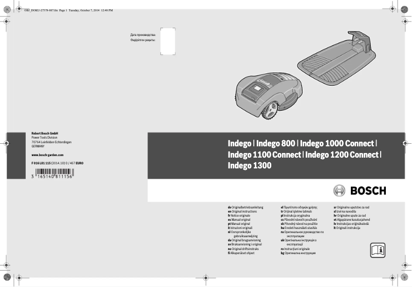 Page 1 de la notice Manuel utilisateur Bosch Indego 1000 Connect