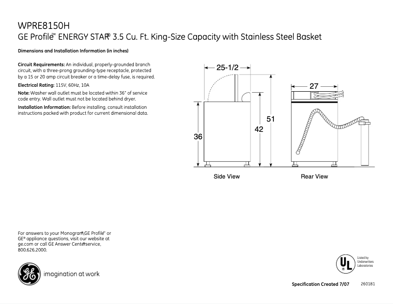 Page n°1 - Fiche technique GE Profile WPRE8150HWT