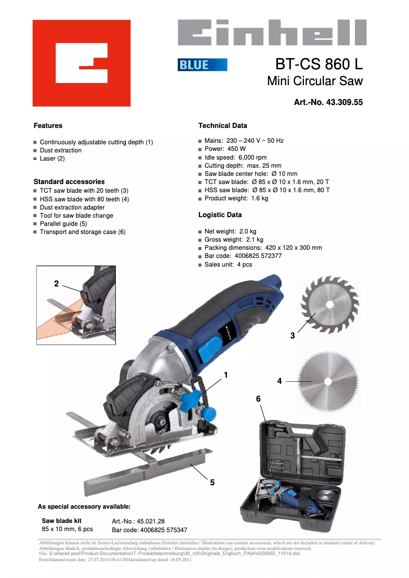 Page n°1 - Fiche technique Einhell BT-CS 860 L