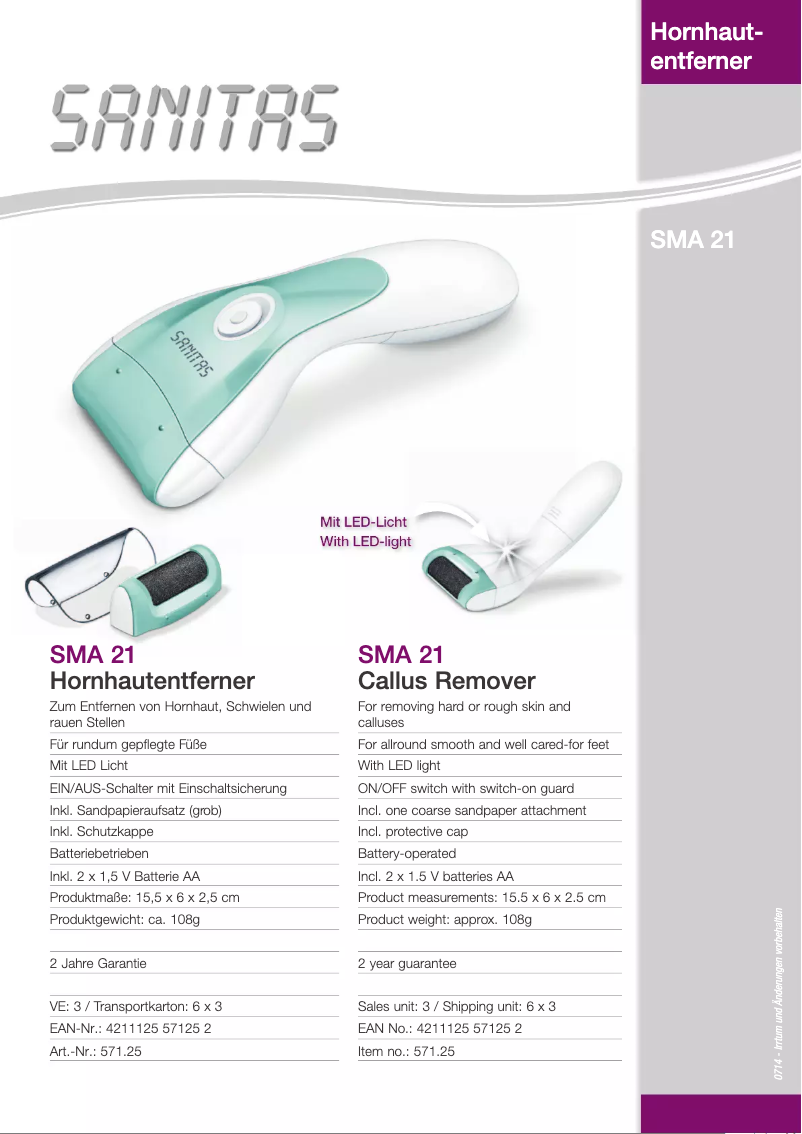 Page 1 de la notice Fiche technique Sanitas SMA 21