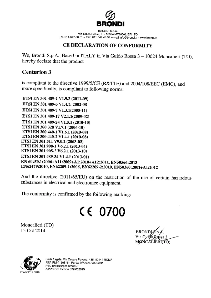 Page 1 de la notice Manuel utilisateur Brondi Centurion 3