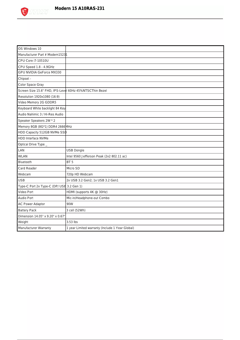 Página 1 del manual Ficha técnica MSI Modern 15