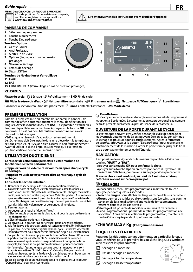 Page 1 de la notice Mode d'emploi Bauknecht B8 D84WB CH