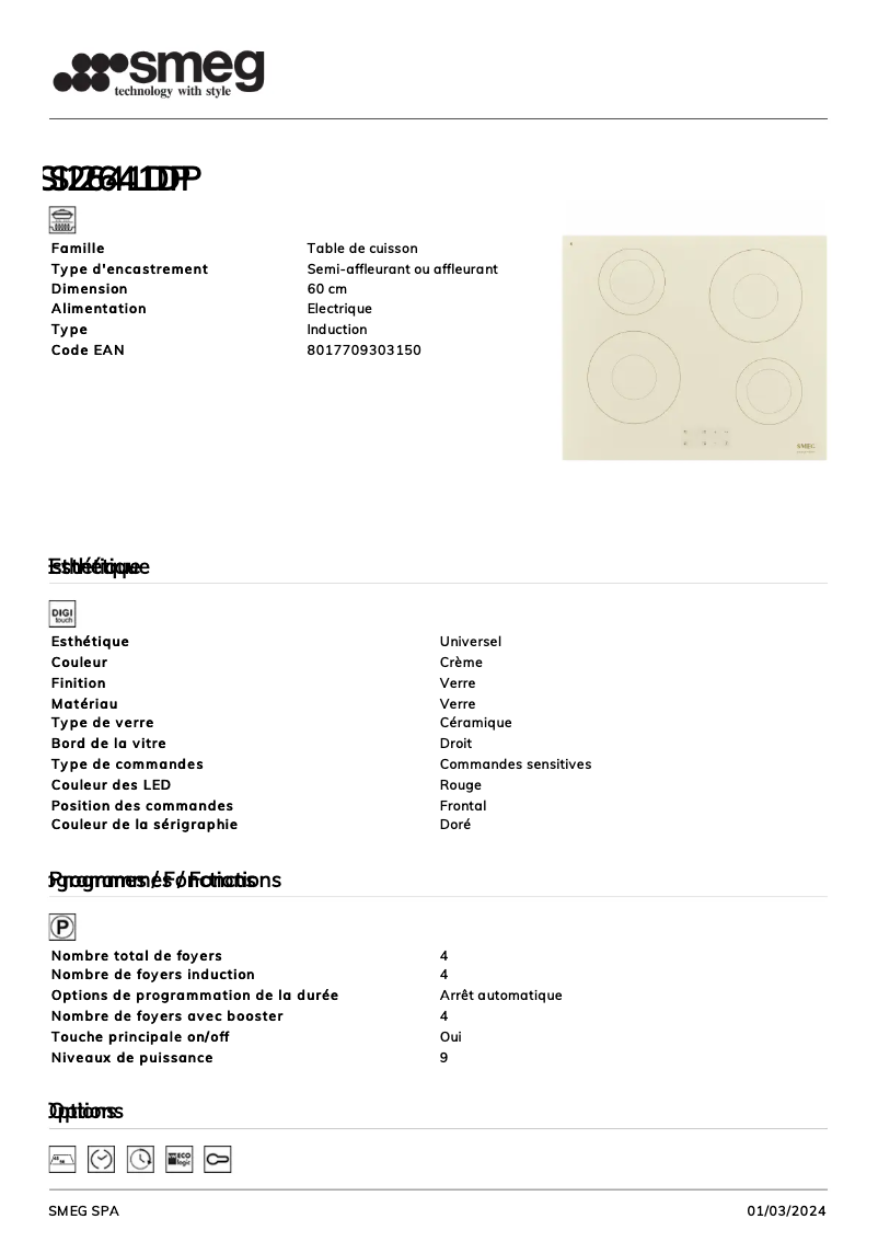 Page n°1 - Fiche technique Smeg SI2641DP