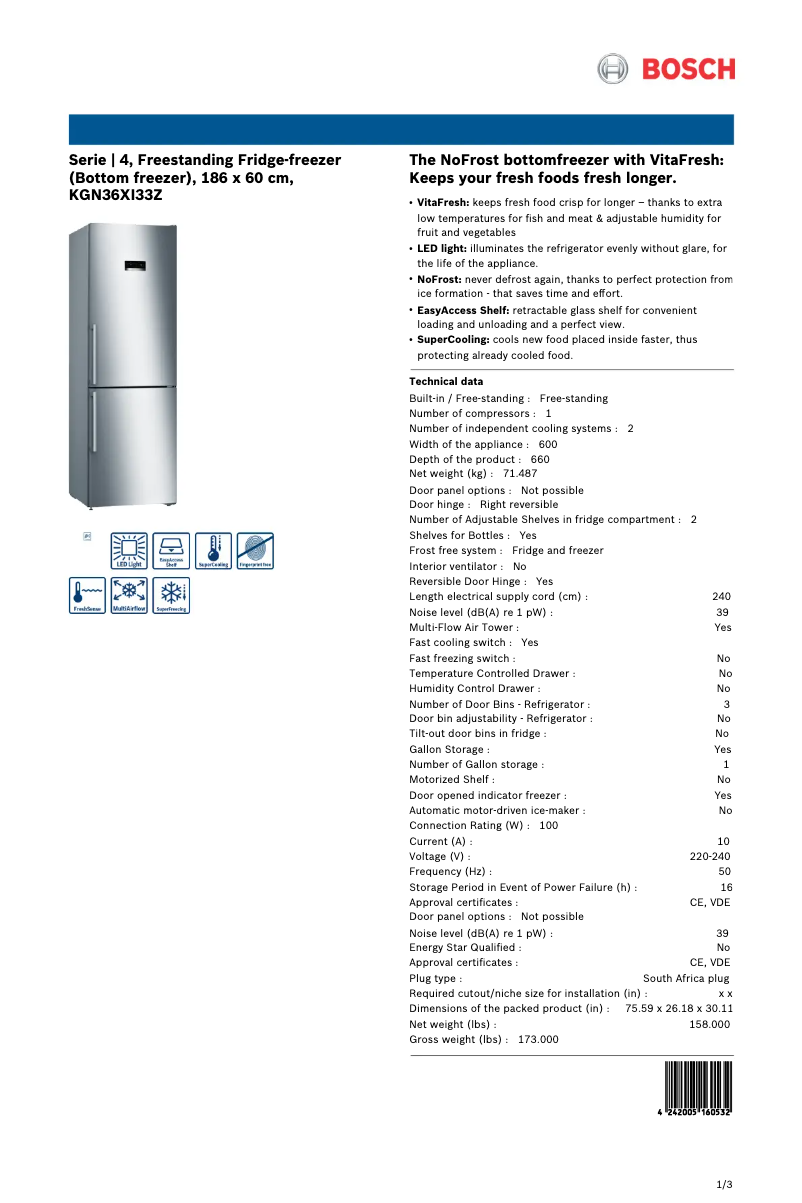 Página 1 del manual Ficha técnica Bosch KGN36XI33Z