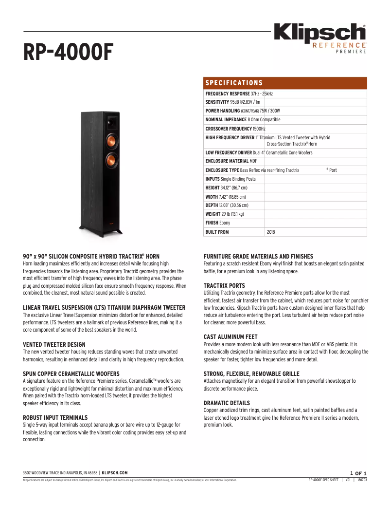 Page n°1 - Fiche technique Klipsch Reference Premiere RP-4000F