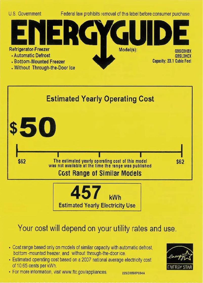Page 1 de la notice Label énergétique GE GBSC3HBXBB