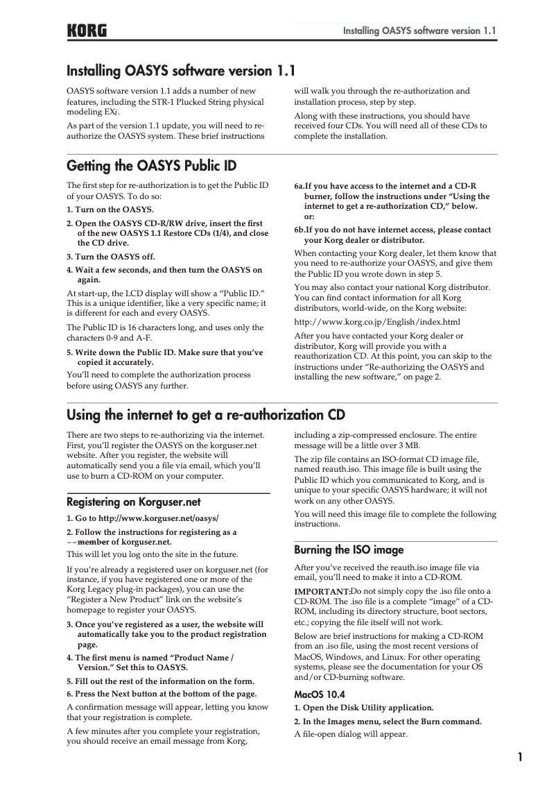 Page 1 de la notice Guide d'installation Korg OASYS