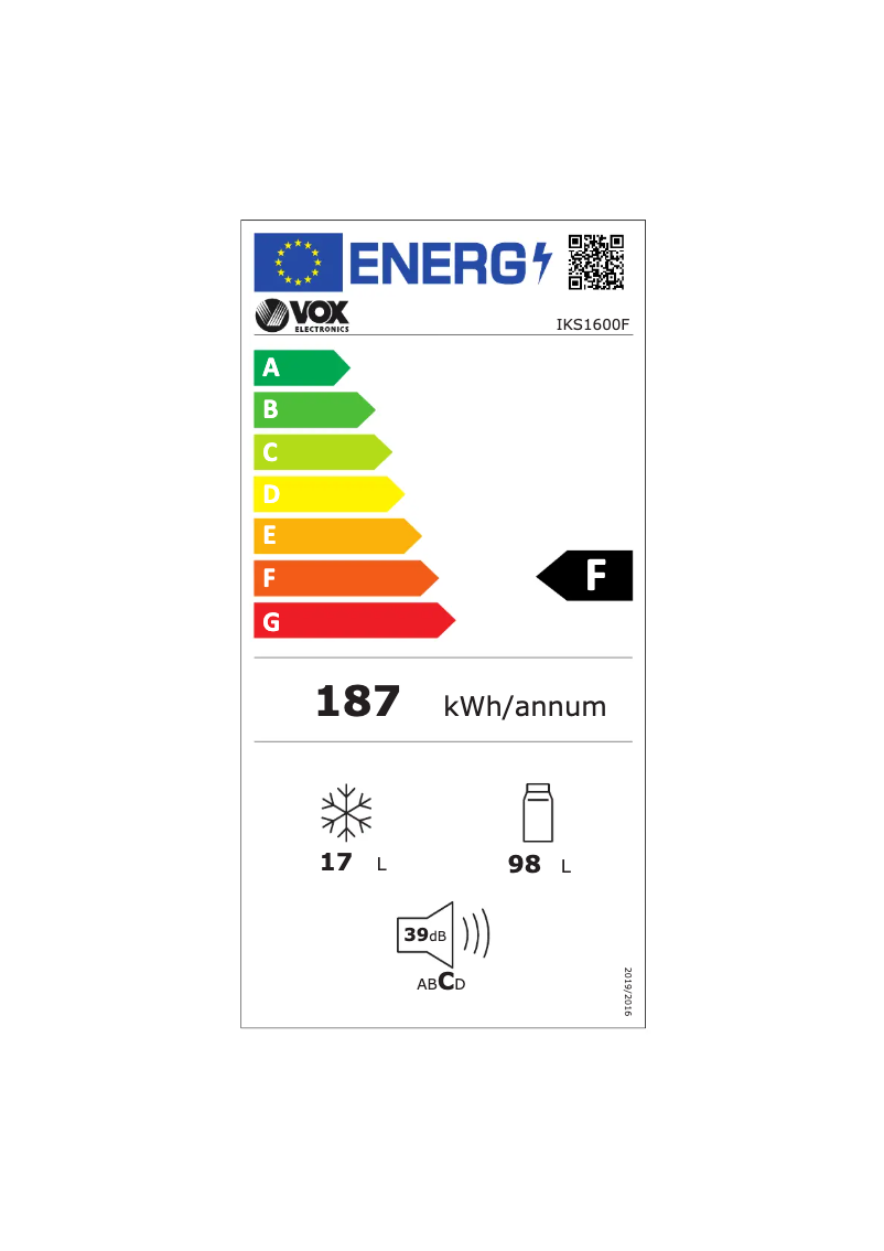 Page 1 de la notice Label énergétique VOX IKS1600F