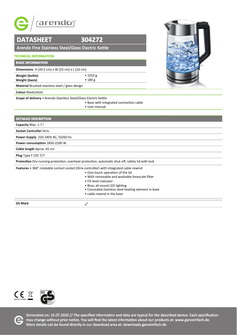 Page 1 de la notice Fiche technique Arendo Fine 304272