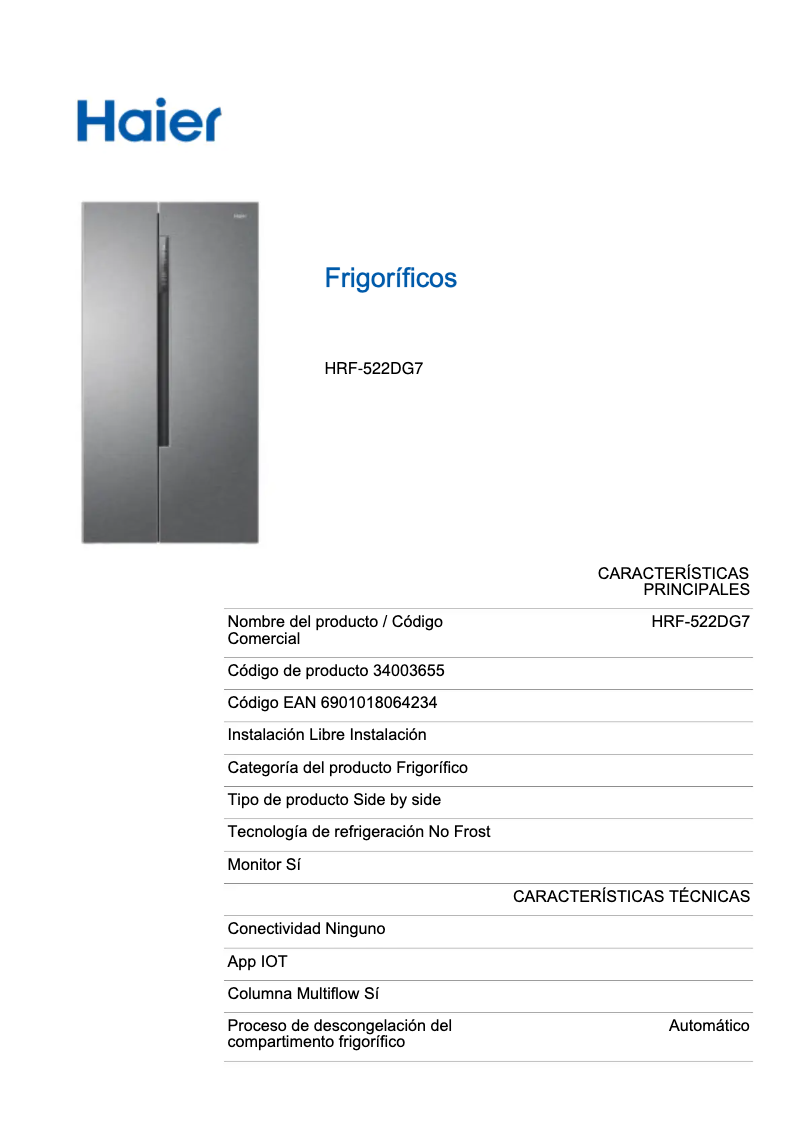 Page n°1 - Label énergétique Haier HRF-522DG7