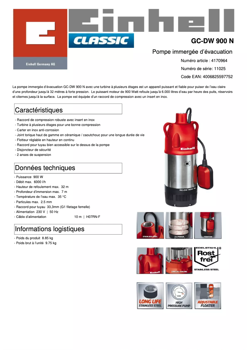 Page n°1 - Fiche technique Einhell GC-PP 900 N