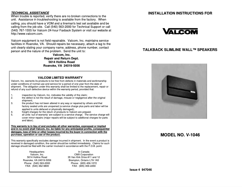 Page n°1 - Manuel utilisateur Valcom Slimline V-1046