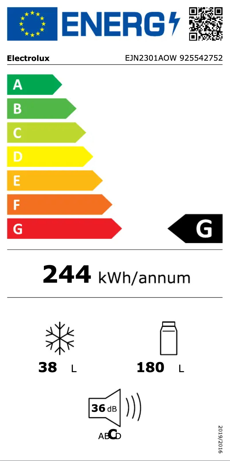 Page n°1 - Label énergétique Electrolux EJN2301AOW