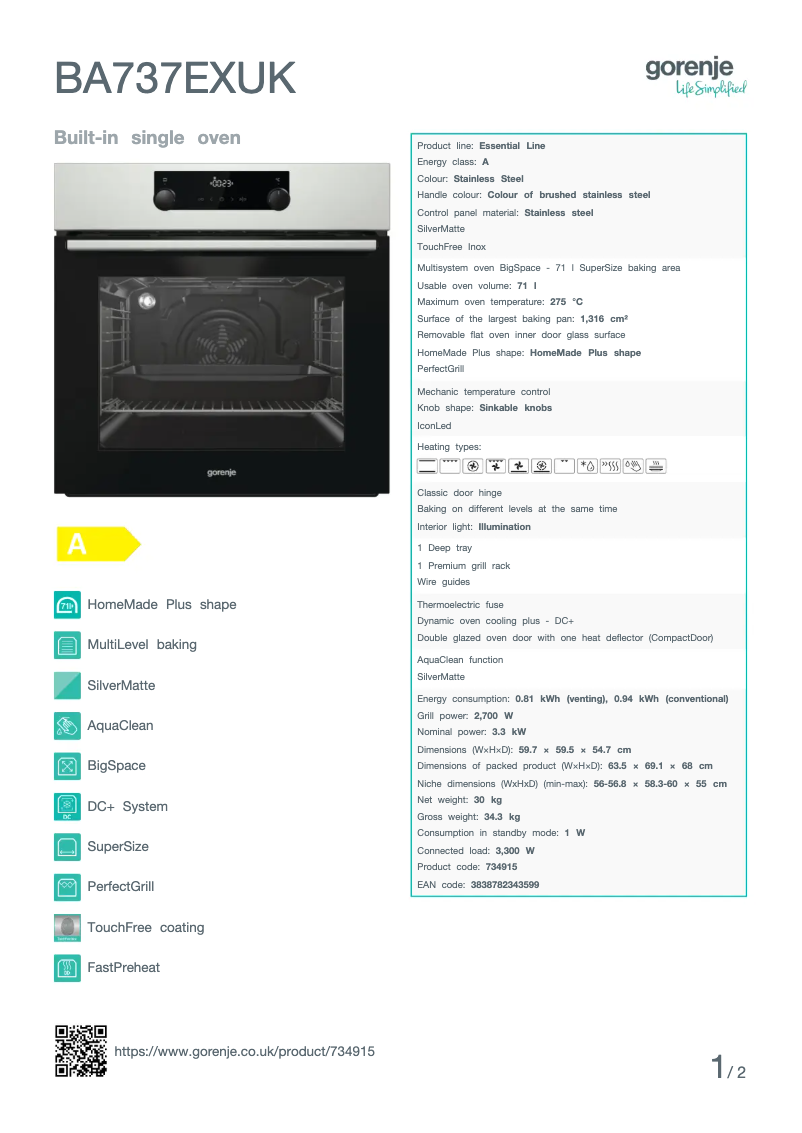 Page n°1 - Fiche technique Gorenje BA737EXUK