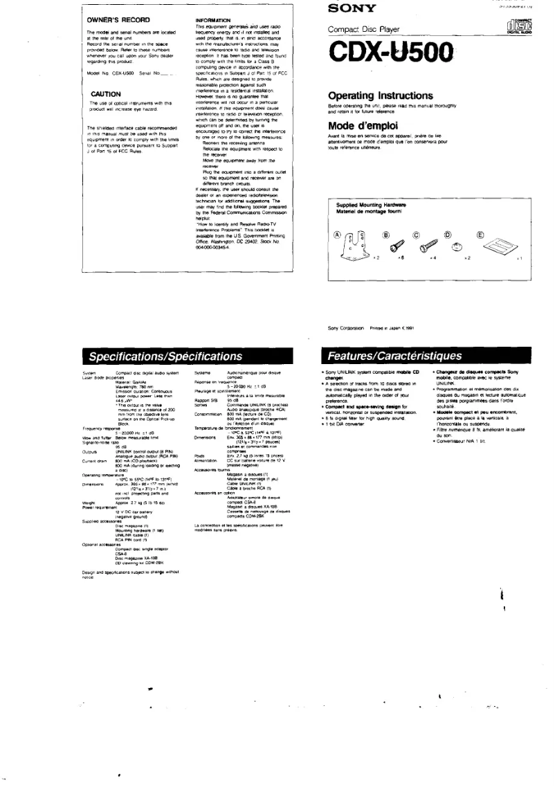 Image de la première page du manuel de l'appareil CDX-U500