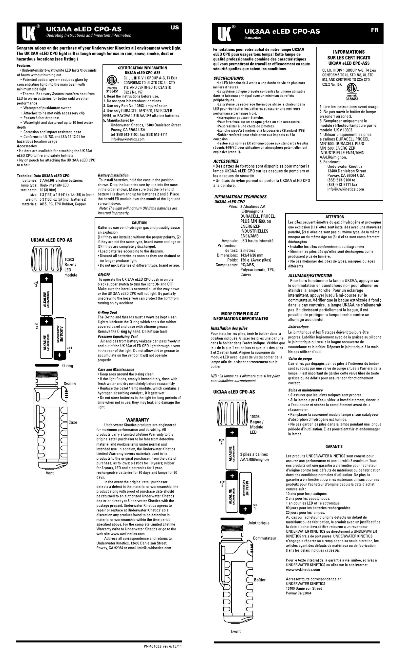 Page 1 de la notice Manuel utilisateur Underwater Kinetics UK3AA eLED CPO Front Switch