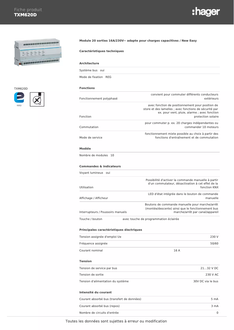 Page 1 de la notice Fiche technique Hager TXM620D