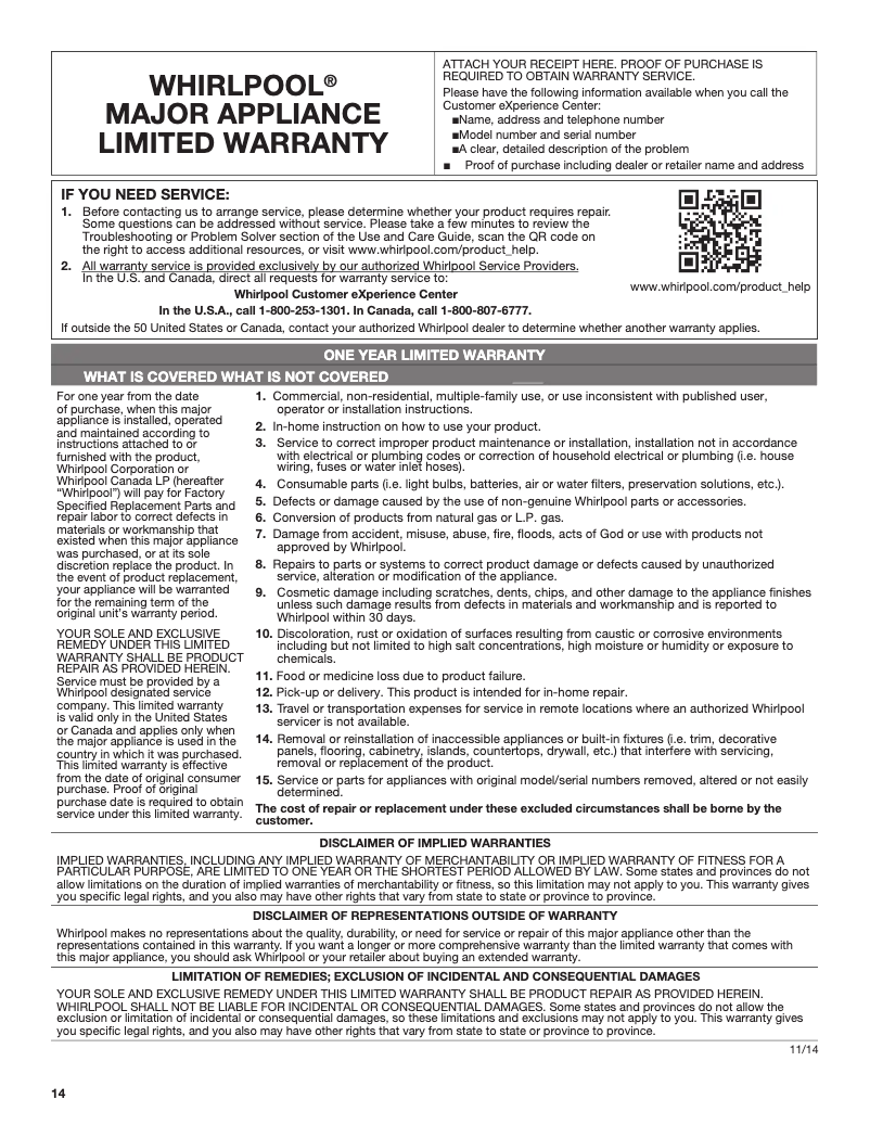 Page 1 de la notice Informations de garantie KitchenAid UXW6530BSS