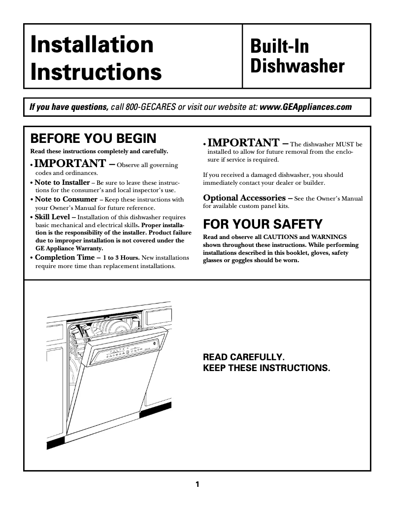 Page 1 de la notice Guide d'installation GE Profile PDW7800GWW