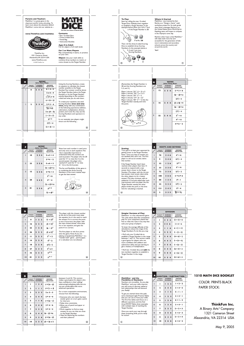 Page 1 de la notice Manuel utilisateur ThinkFun Math Dice