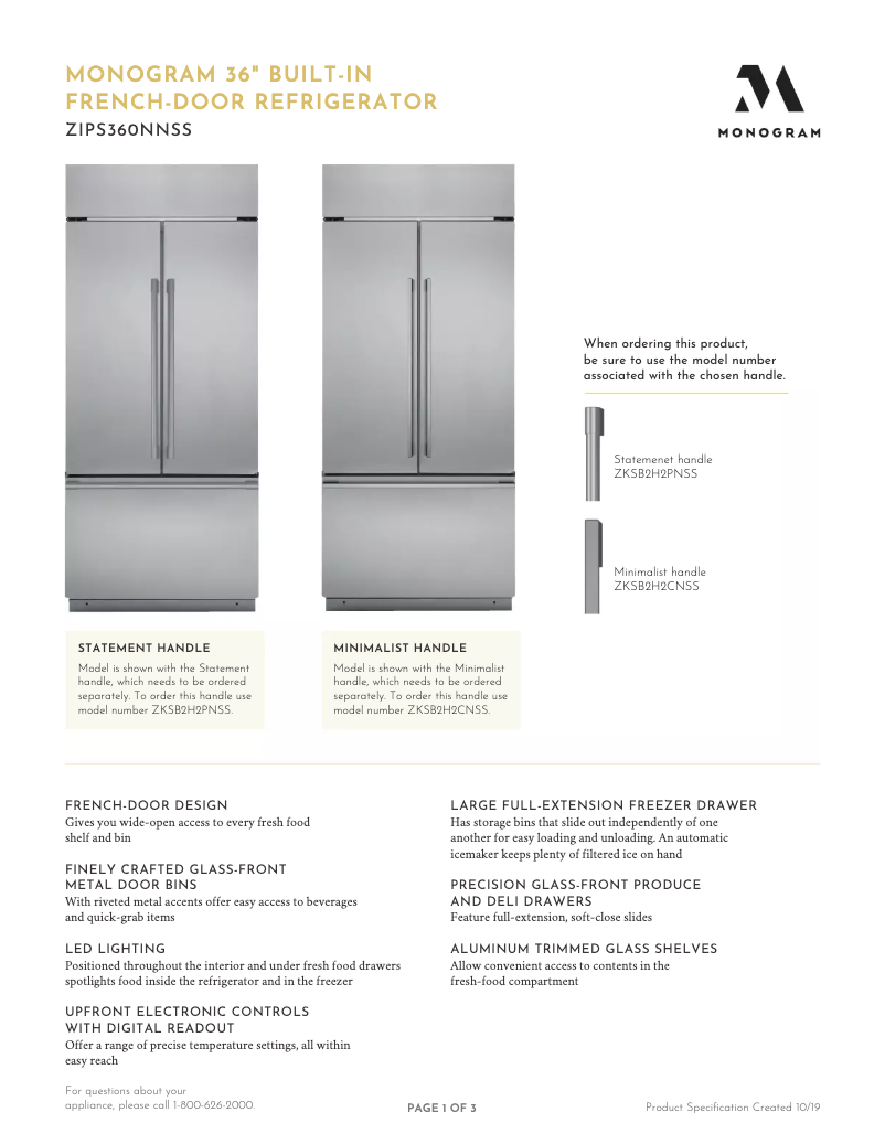 Page 1 de la notice Fiche technique Monogram ZIPS360NNSS