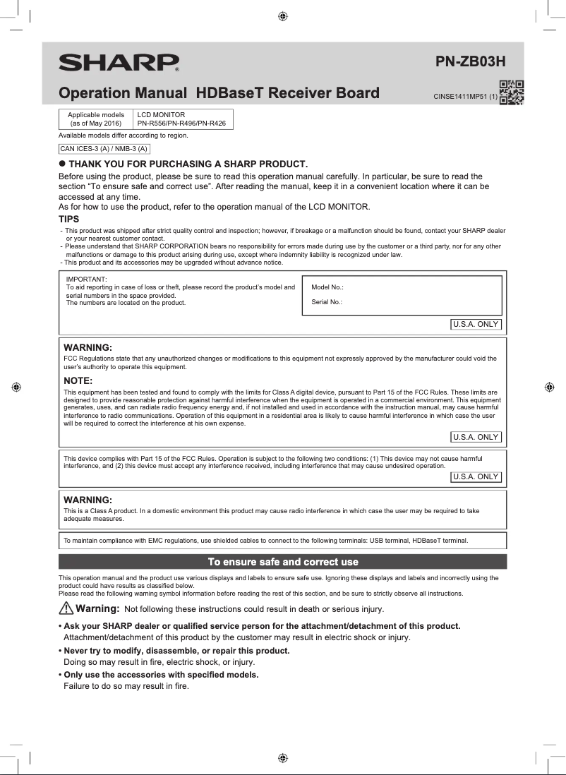 Page 1 de la notice Manuel utilisateur Sharp PN-ZB03H