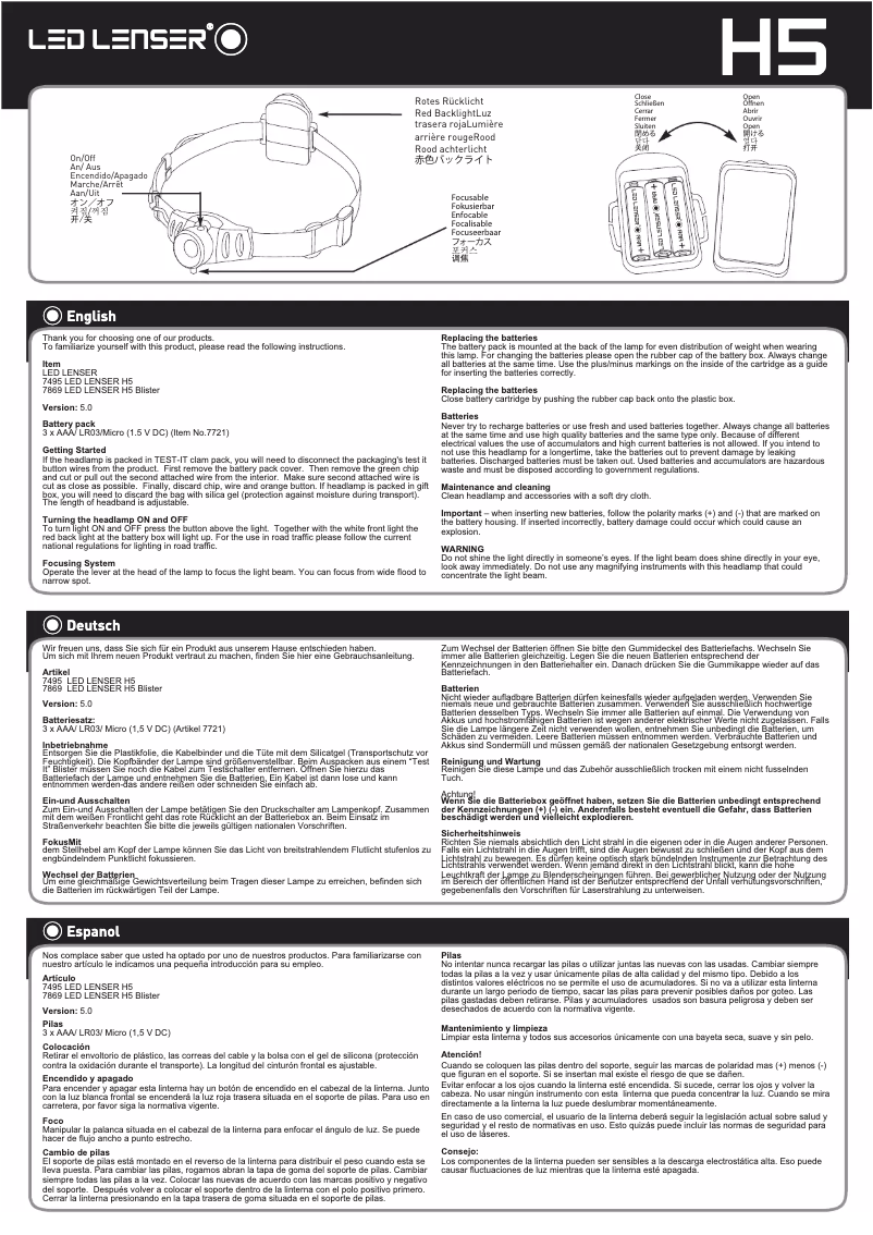 Page n°1 - Manuel utilisateur Ledlenser H5
