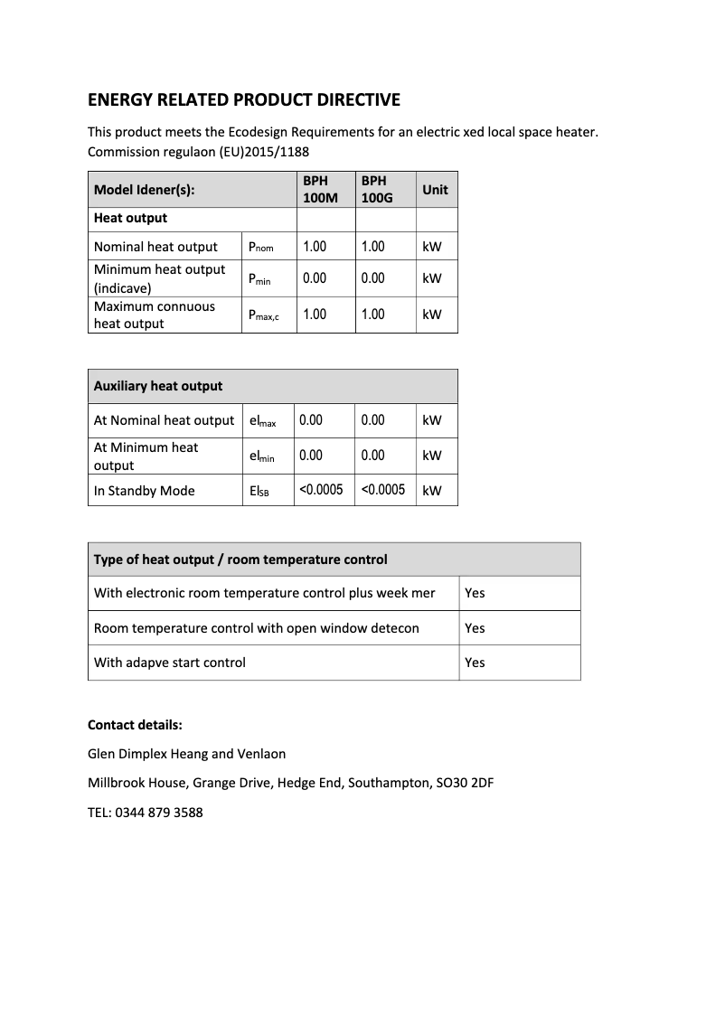 Page 1 de la notice Fiche technique Dimplex GFP200BE