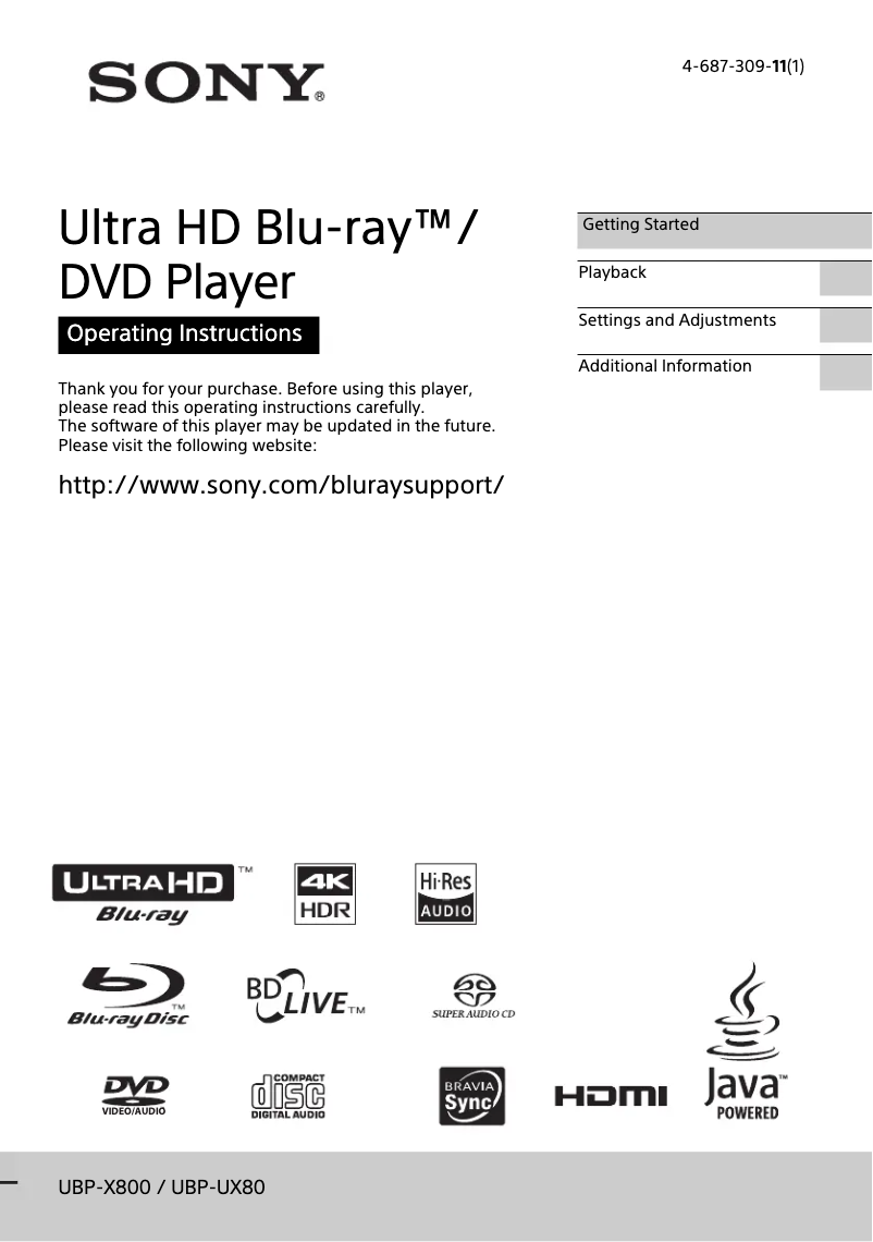 Page 1 de la notice Manuel utilisateur Sony UBP-UX80