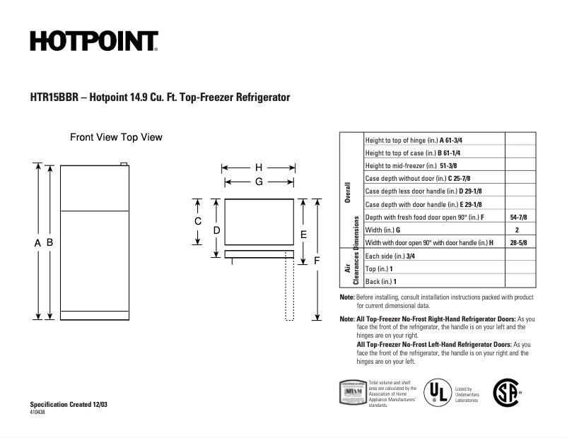 Page n°1 - Fiche technique Hotpoint HTR15BBRLWW