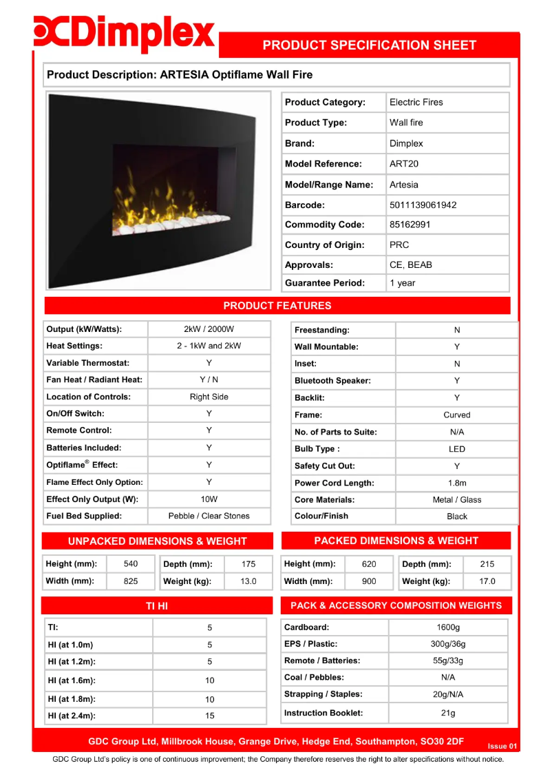 Page 1 de la notice Fiche technique Dimplex ART20