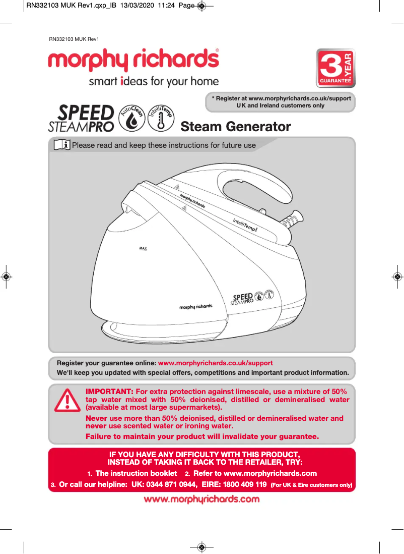 Page 1 de la notice Manuel utilisateur Morphy Richards Speed SteamPro 332103